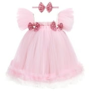 IDOPIP Toddler Baby Girls Sequins Bow Tie Tutu Dress Rainbow Ruffle Tulle Princess Dress with Headband